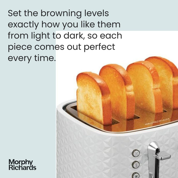 Morphy Richards Vector 4 Slice Toaster, High Gloss Geometric Design, Defrost and Reheat, Variable Width Slots, Removeable Crumb Tray,White, 248134