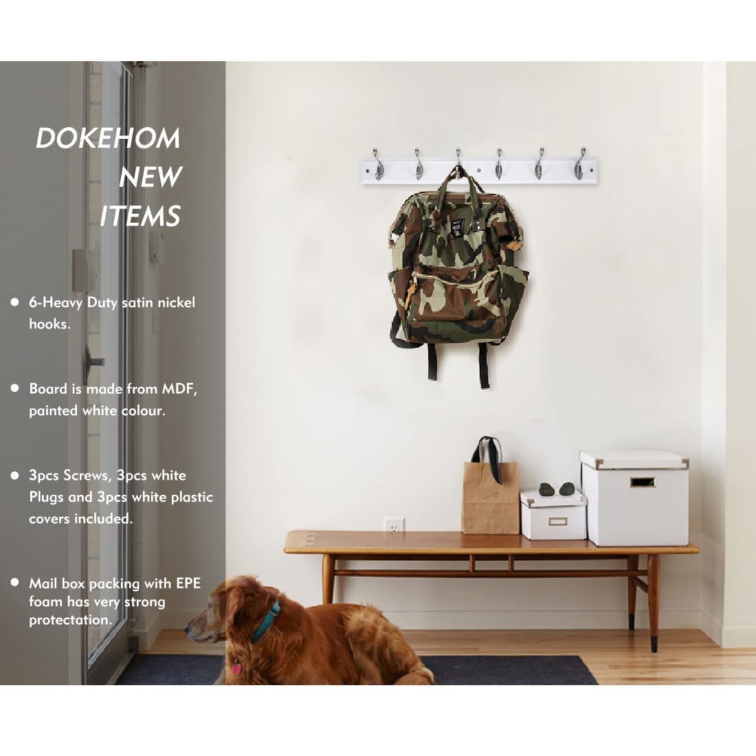 DOKEHOM [2 Pack 6-Satin Nickel Hooks on White Wooden Board Wall Mounted Coat Hook Rack Hanger