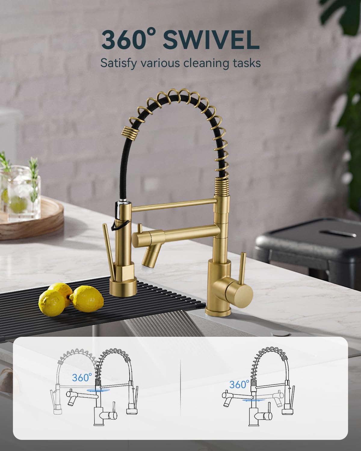 Warmiehomy 5 Modes Kitchen Taps Mixer with Pull Out Spray,High Arc 360° Swivel Dual Spout Pull Down Stainless Steel Kitchen Sink Taps,Brushed Nickel