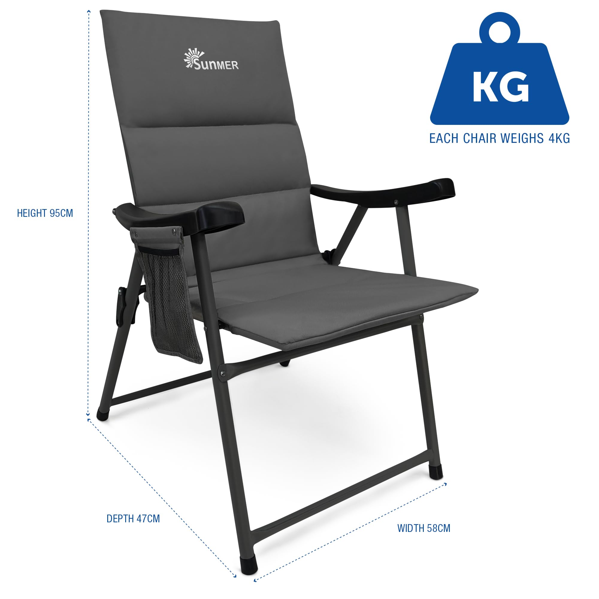 SUNMER Padded Garden Camping Chairs Foldable with Side Pocket, Holds up to 120kg, Lightweight 4kg per Chair, Outdoor Seat for Camping, Fishing, Relaxing - Black