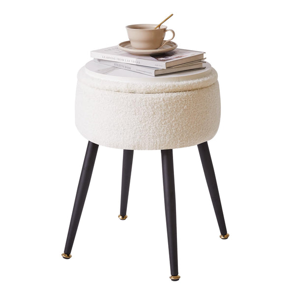 Aibiju Round Footrest Stool with Storage, Faux Teddy Fur Dressing Table Chair, Makeup Vanity Stool Side Table with Metal Legs for Bedroom, Living