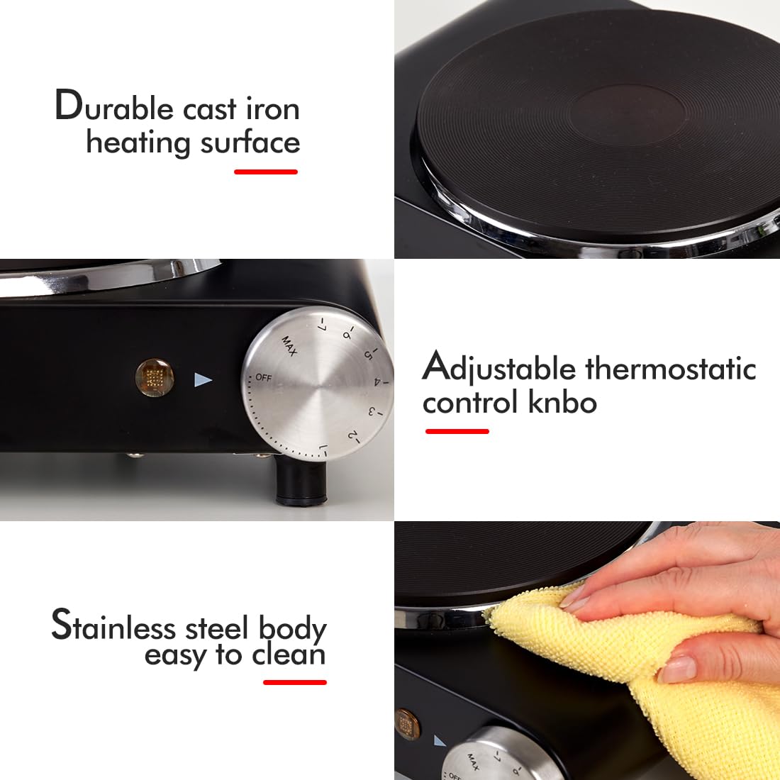 Double Hot Plate, CUSIMAX Electric Burner, 2500W Portable Electric Hob Hot Plates for Cooking With 2 Cast Iron Rings, Table Top Hob With Heating