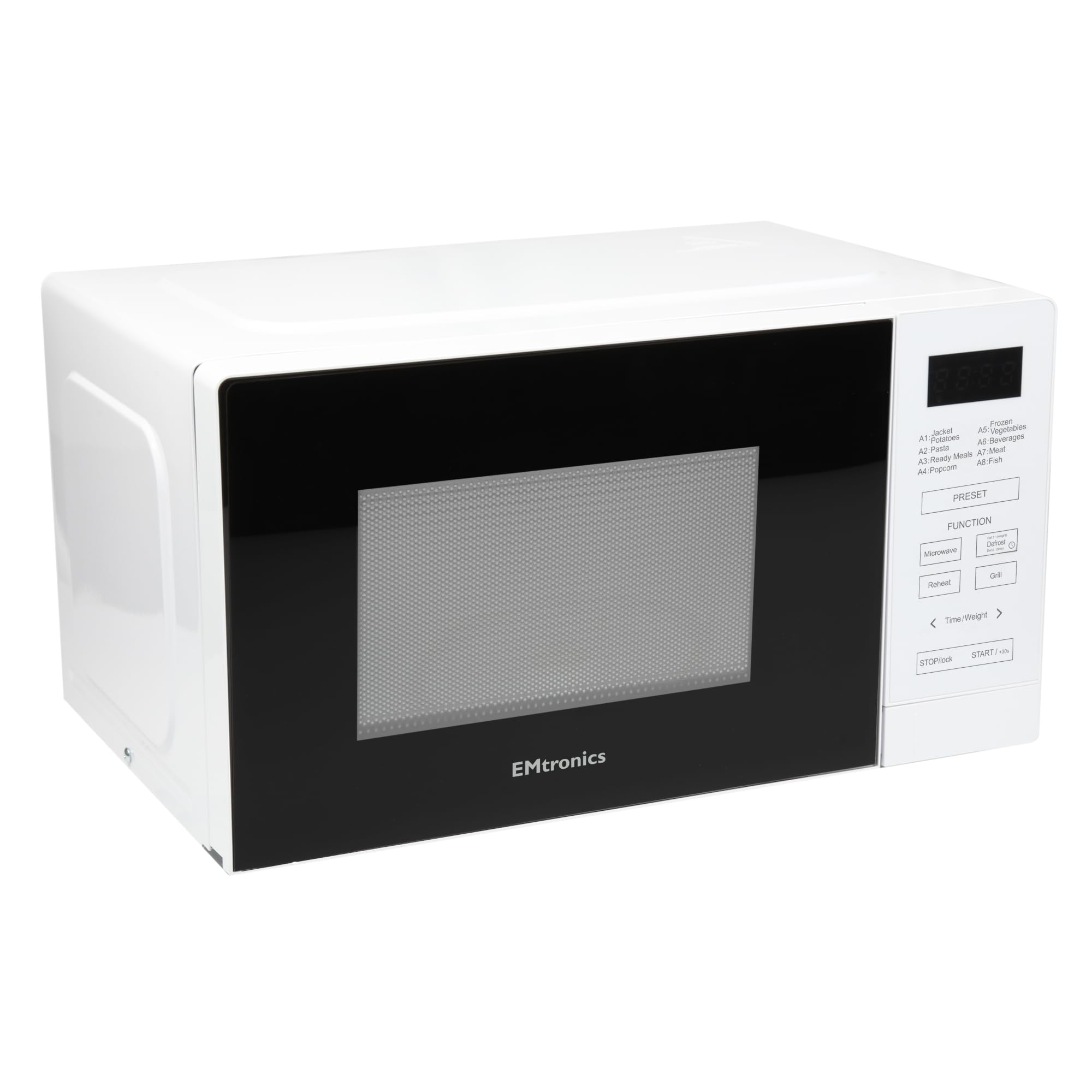 EMtronics 20 Litre 700W Digital Microwave with 800w Grill, 10 Power Levels, 8 Preset Options, Defrost Function and Cavity Light - White