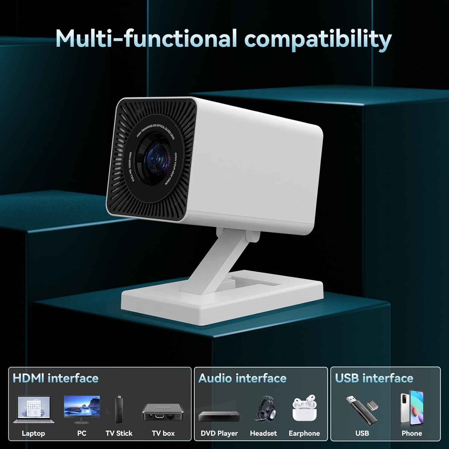 Mini Projector with WIFI 6 and Bluetooth, 4K 1080P Support Portable Projector 200'' Screen Movie Projector Auto Keystone Compatible for Laptop, PC, Smartphone