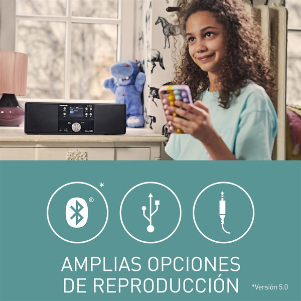 Panasonic SC-DM202EG-K Micro HiFi Compact Stereo System with FM / DAB+ Radio, 24W Output Power, CD/MP3 Player, USB, Bluetooth, Large 2.4" Display, Black