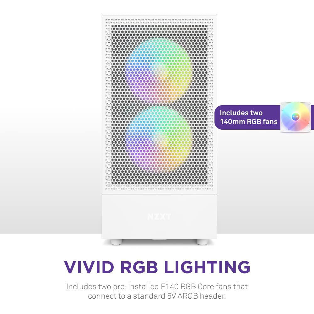 NZXT H5 Flow RGB - Compact ATX Mid-Tower PC Gaming Case - High Airflow - F360 RGB Core (CV) Included - 360mm Front & 240mm Top Radiator Support - Cable Management - Tempered Glass - White