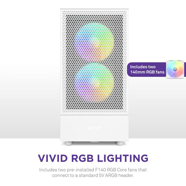 NZXT H5 Flow RGB - Compact ATX Mid-Tower PC Gaming Case - High Airflow - F360 RGB Core (CV) Included - 360mm Front & 240mm Top Radiator Support - Cable Management - Tempered Glass - White