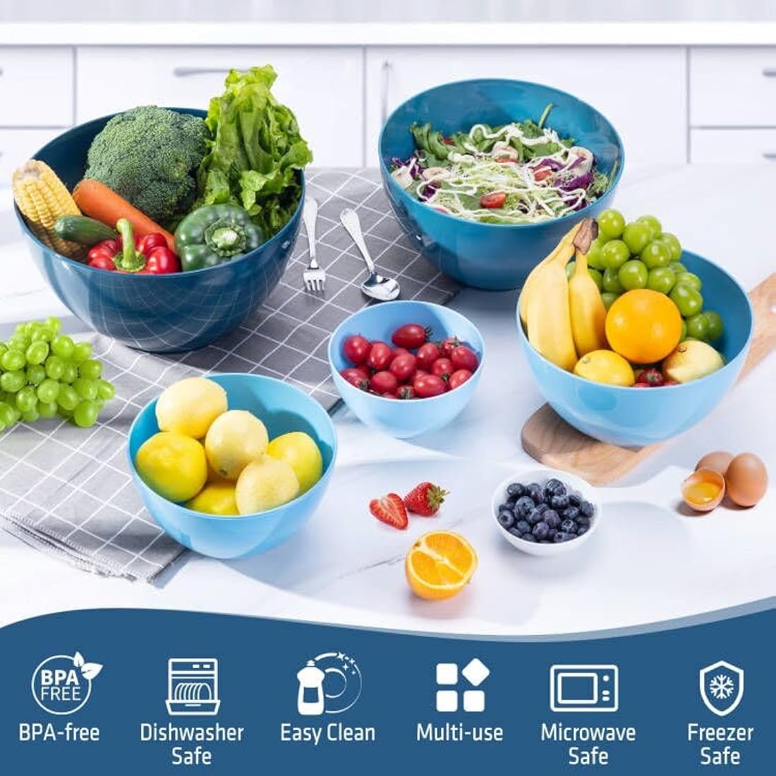 Luxear 0.2-6.5L Large Mixing Bowls with Lid Set of 6, Plastic Stackable Nesting Bowl with Fork or Spoon for Cooking, Storage, Baking, Fruit, Salads, Microwave, Dishwasher and Freezer, BPA-Free