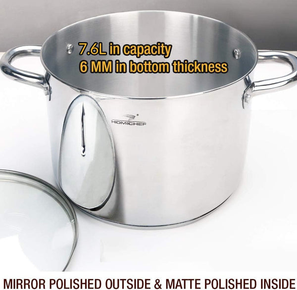 HOMICHEF Stock Pot 24.5 cm 7.6 Litre with Lid Nickel Free Stainless Steel - Mirror Polished Stockpot 7.6 Litre with Lid - Healthy COOKWARE Stockpots