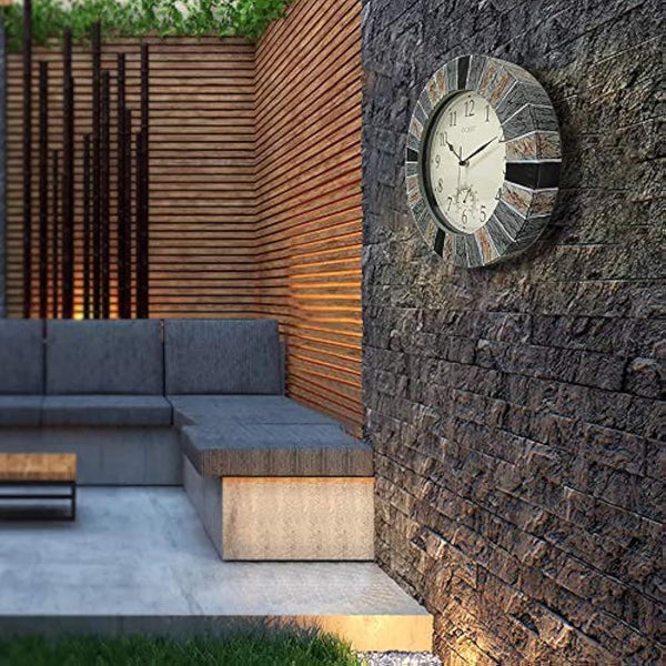 OCEST 13 Inch Garden Clocks Outdoor Waterproof, Large Retro Wall Clock with Thermometer Battery Operated Non Ticking Decorative for Patio Pool Kitchen