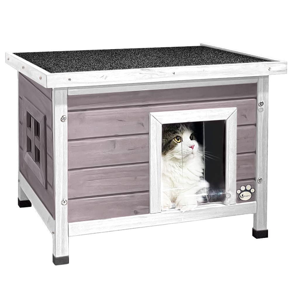 VOUNOT Cat House Outdoor with Kennel Door Privacy Window Cat Wooden Shelter 57x45x43cm, Grey