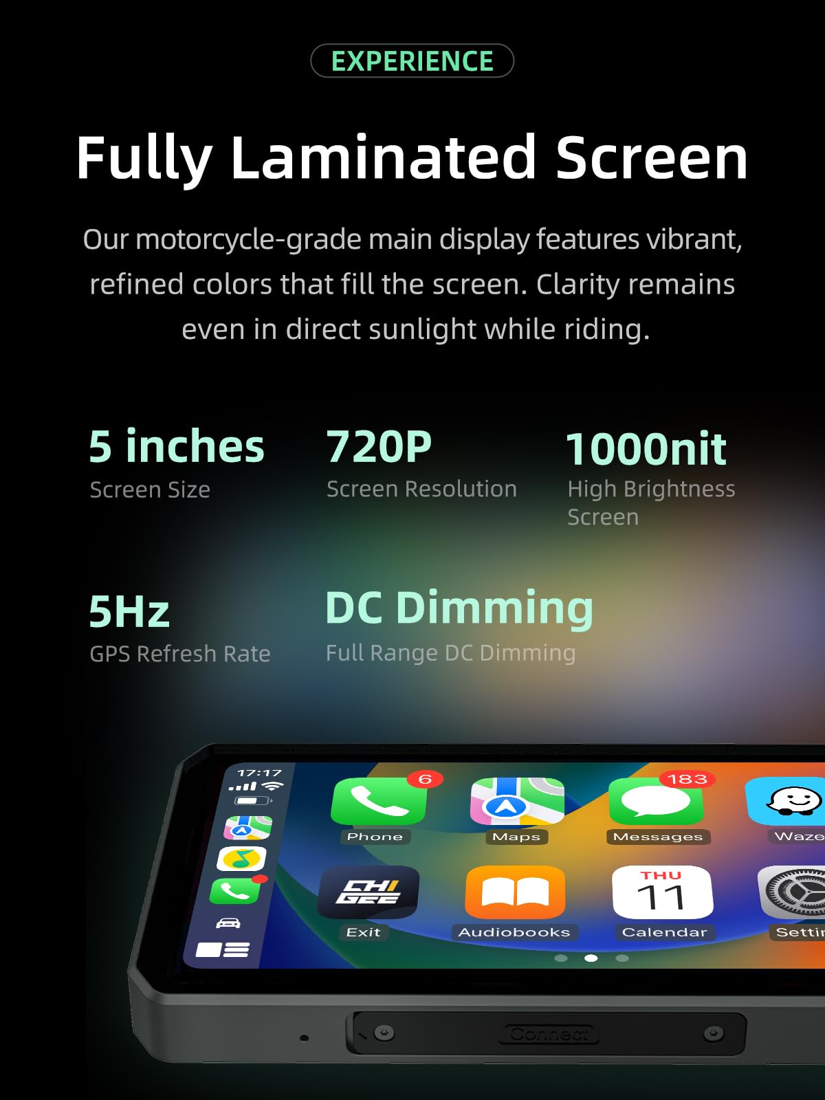 AIO-5 Lite Motorcycle Carplay Android Auto GPS Navigation System, BSD, STARVIS HDR 5" LCD, 60FPS,5G Wi-Fi BT, IP67 Waterproof, Support Siri Google Assistant, 24H Parking Mode, Dedicated App