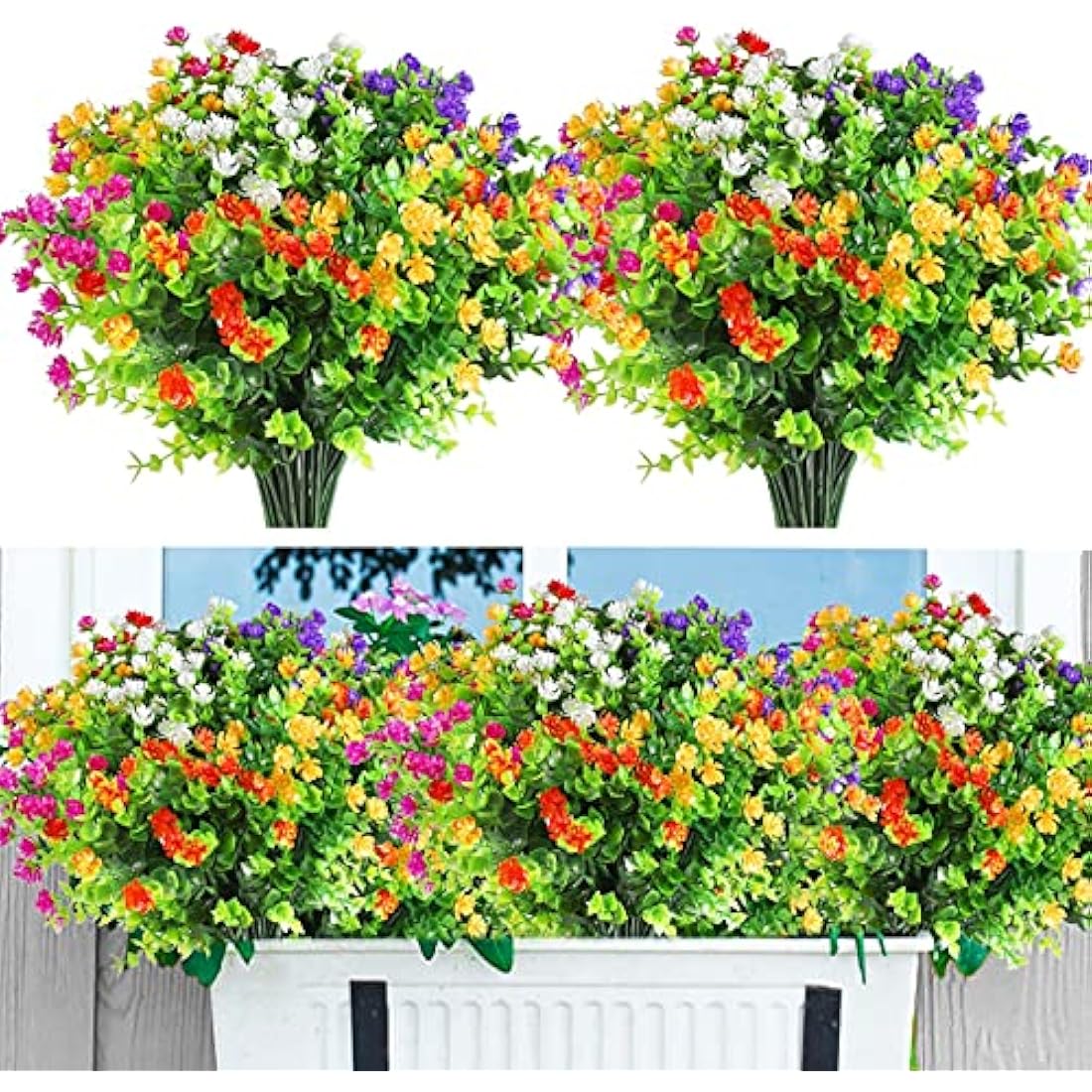 Eirdary 12 Bundles Artificial Flowers for Decoration,6 Colors UV Resistant Fake Flowers Outdoor Indoor, Faux Plastic Bouquet Shrubs Plants for Hanging Home Garden Window Wedding Party Decor