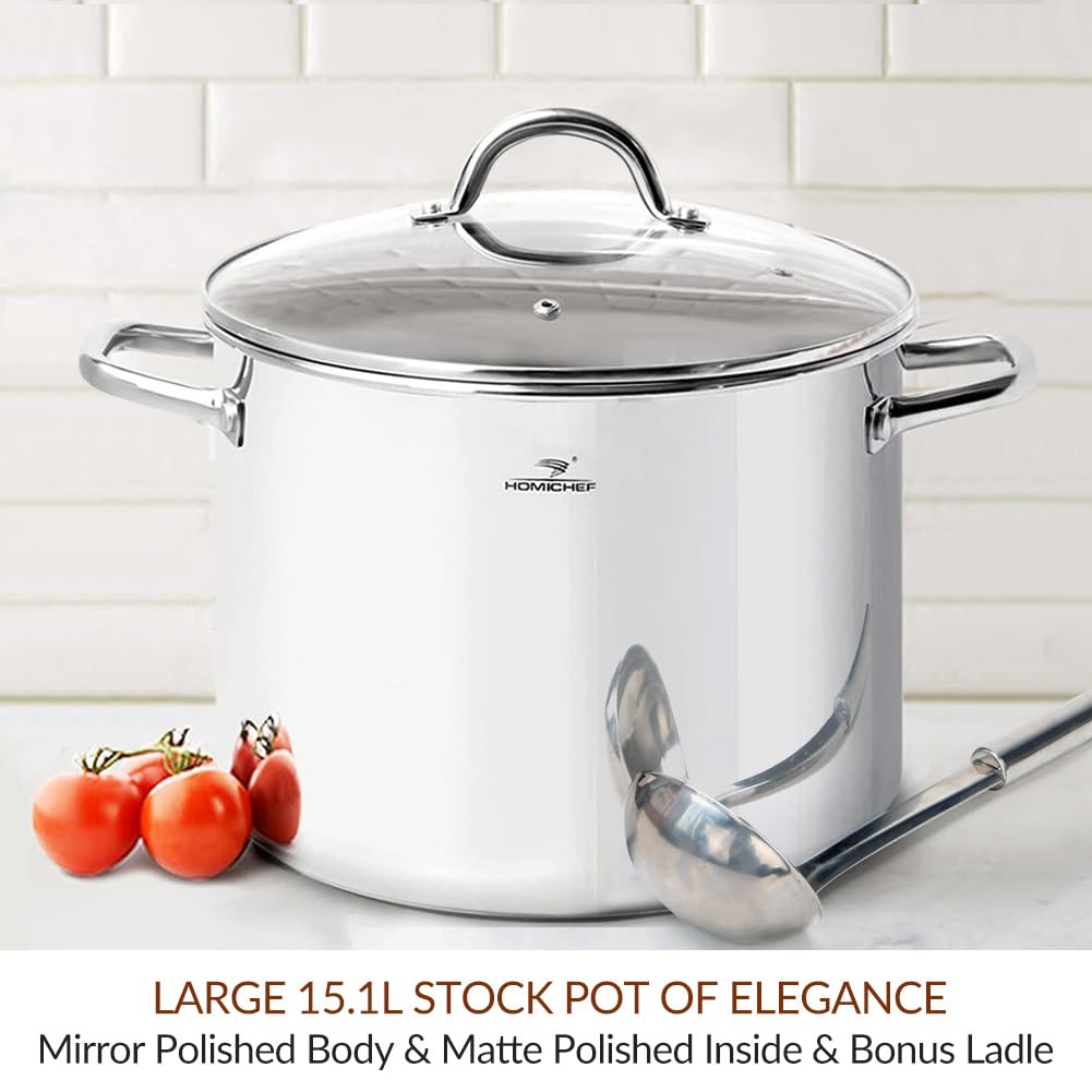 HOMICHEF Large Nickel Free Stainless Steel Stock Pot with Lid (29 cm, 15 Litre) - Mirror Polished Stock Pot 15L with Lid - Heavy Soup Pot Large