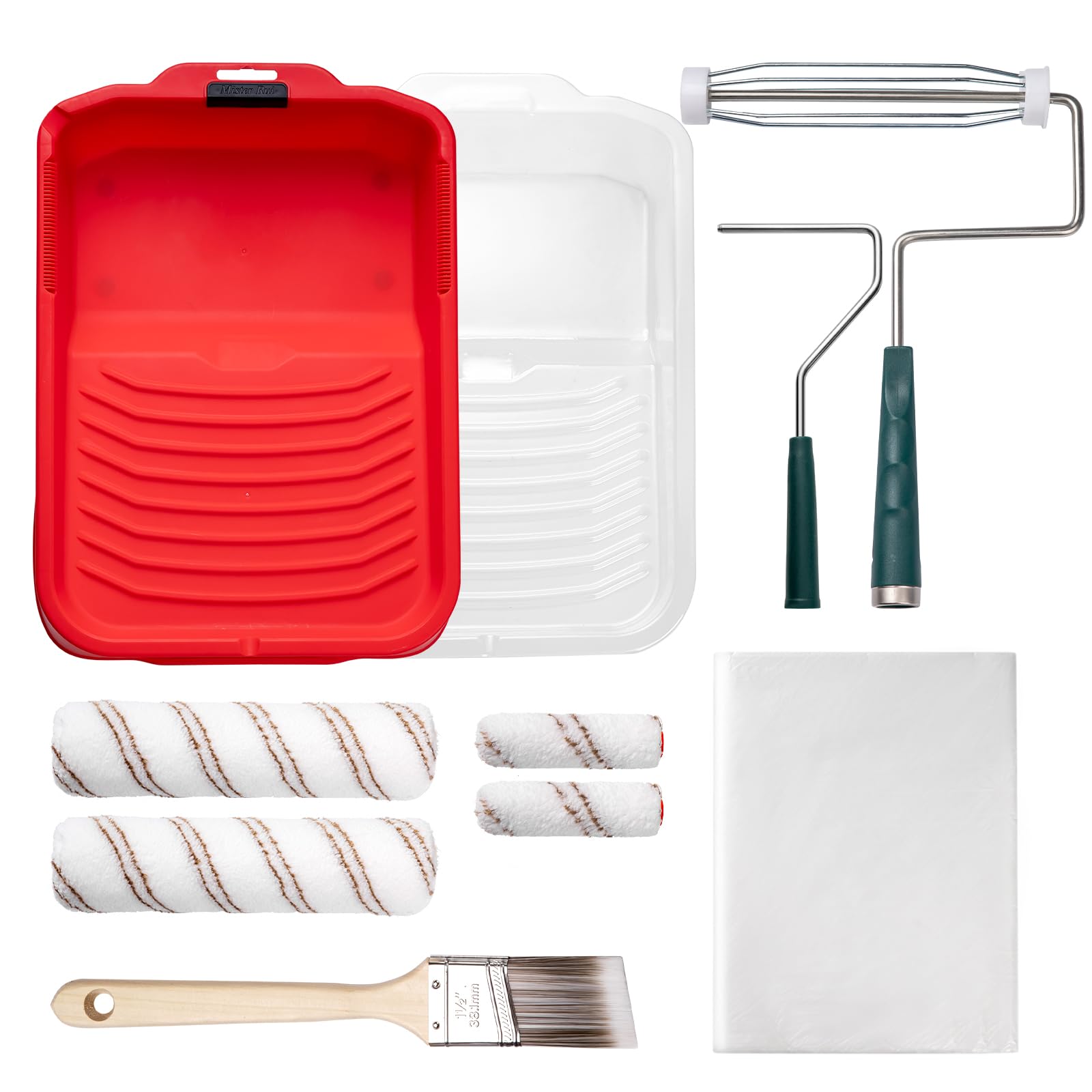 Mister Rui 10 pcs Paint Roller Set, 9" Microfiber Paint Rollers Kit, 9" Microfiber Paint Roller Set with Frame, Paint Rollers and Trays Set, Paint Brush for Walls & Ceilings