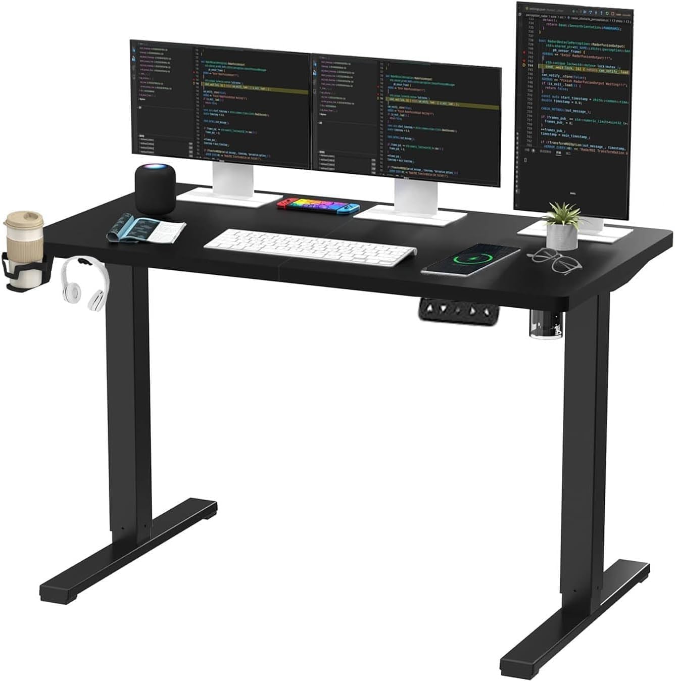 SANODESK QS1+140 * 60 Electric Standing Desk Height Adjustable Standing Desk With Memory Smart Panel Sit Stand Table With Hooks and Cupholder for Home Office （Black Frame+ Black Desktop）