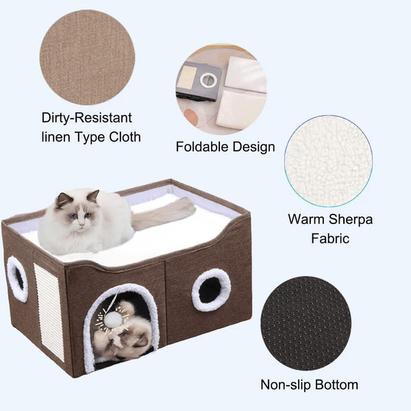 ERNAN Cat Beds for Indoor, Foldable Cat House,Large Soft Cave Bed with Scratching Board for Small Medium Pets (Brown, M)