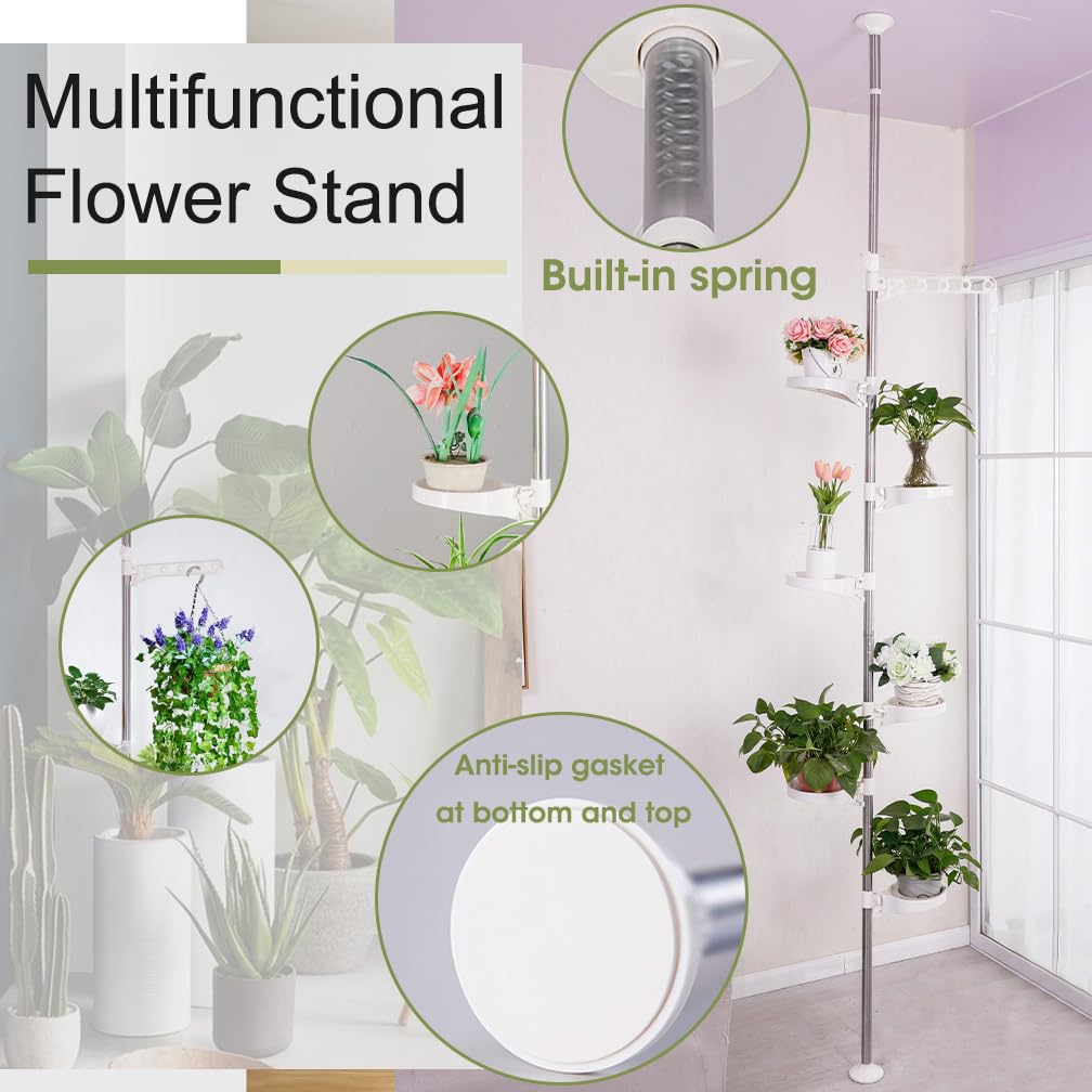 Hershii 7-Layer Tension Pole Plant Stand Indoor Decorative Metal Flower Pot Holder Display Rack Floor to Ceiling Adjustable Hanging Corner Shelf Space