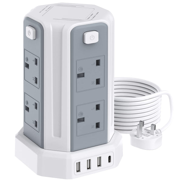 Tower Extension Lead, (3250W 13A) Extension Tower 8 AC Outlets & 4 USB Ports, Surge Protection Extension Lead with 4 Independent Switch, 17W USB C Ports Extension Cable 3M for Office, Home, Kitchen