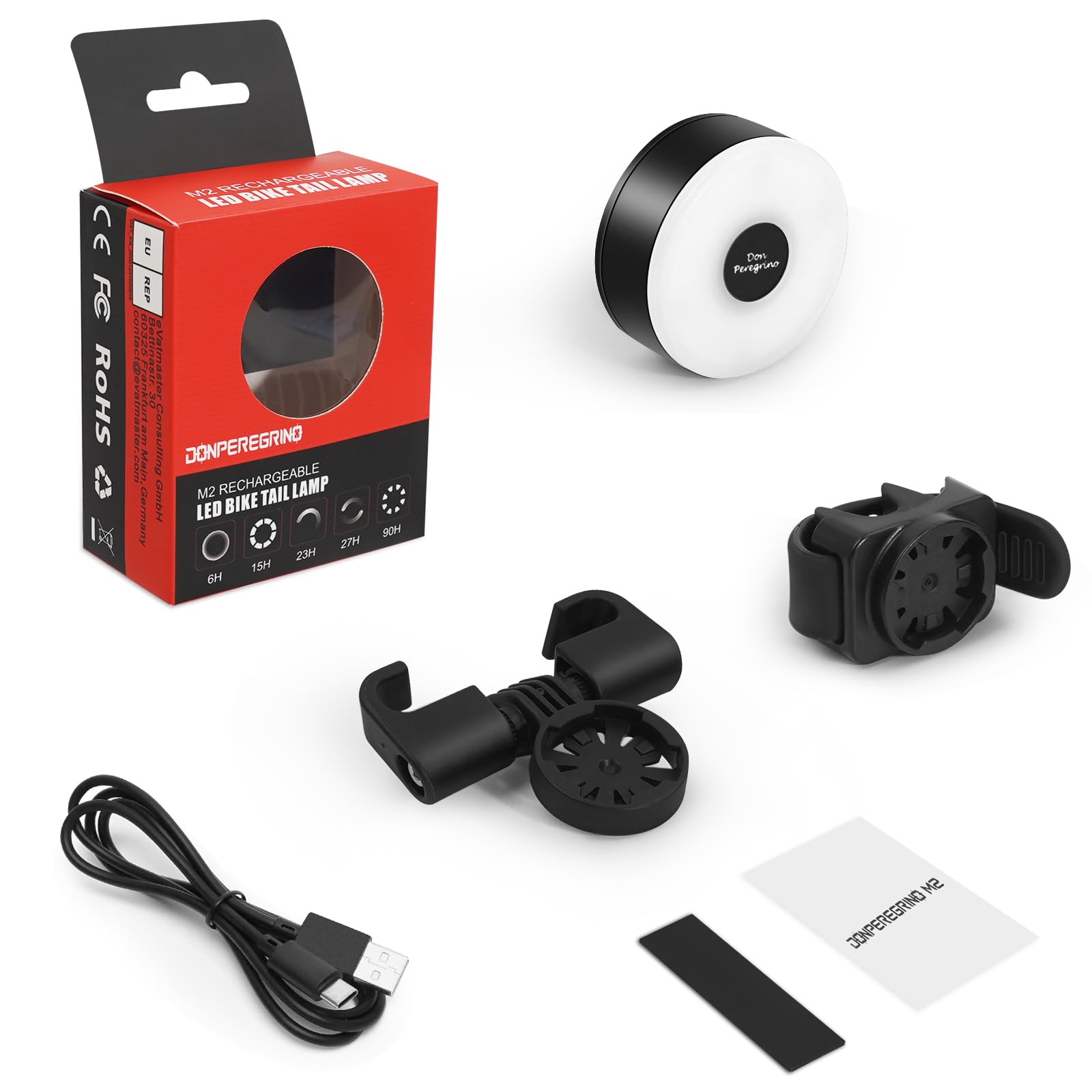 Rear Bike Light 90hrs Autonomy - Compact Size, IP65 Waterproof, USB C Rechargeable, Quick Release Mounts for Saddle & Seatpost, with 5 Steady Flash Modes, DON PEREGRINO M2 Bike Back Light