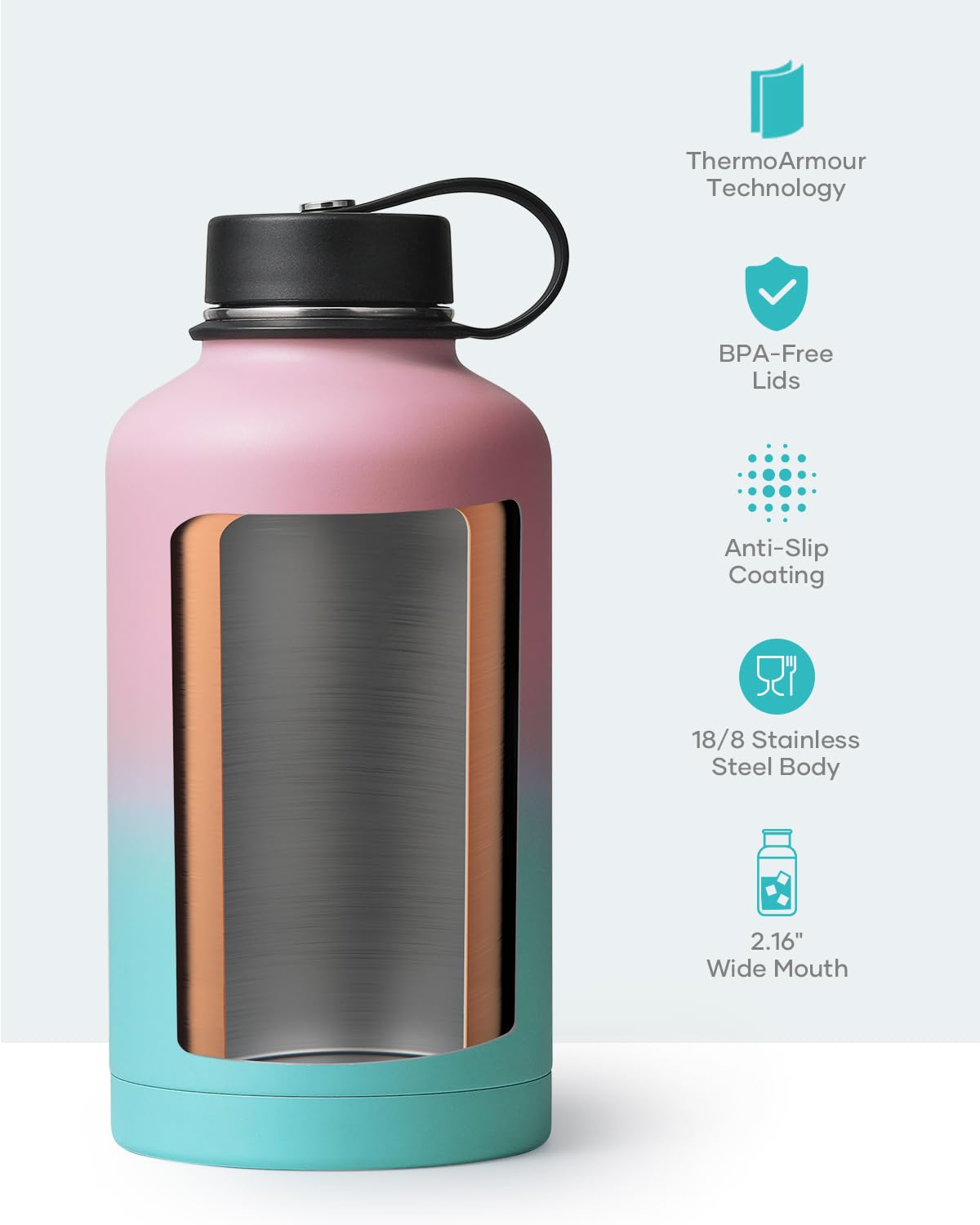 Stainless Steel Water Bottle 2L, BUZIO Vacuum Insulated Water Bottle with Straw Lid and Flex Cap Cold for 48 Hrs, Hot for 24 Hrs Double Wall Wide Mouth BPA Free Leak Proof, Black