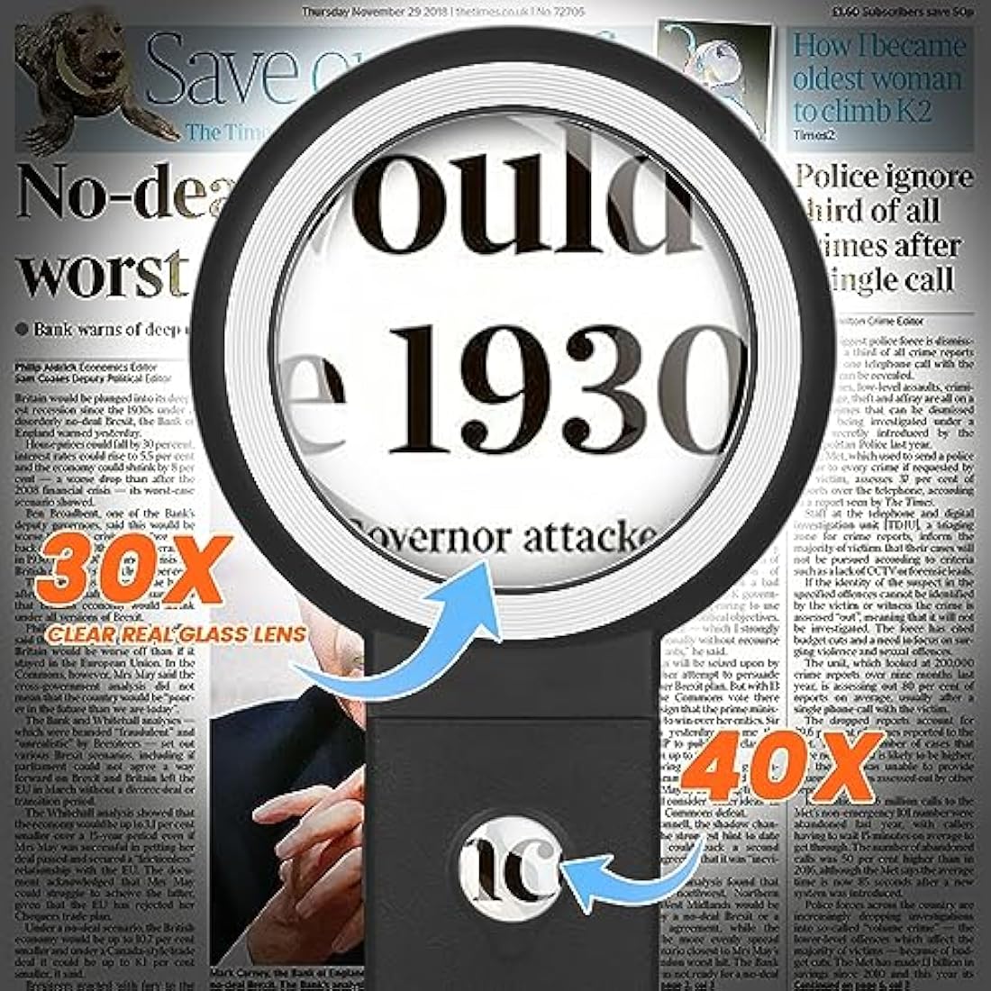 30x 40x Magnifying Glass with Light and Stand, Large Handheld Magnifying Glasses 18 LED Illuminated Lighted Magnifier for Macular Degeneration, Seniors Reading, hobbies, Coins, Jewelry (Black&White)