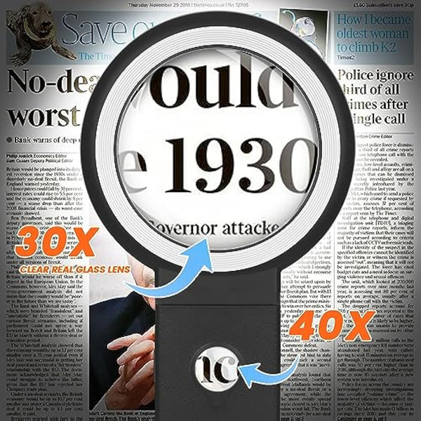 30x 40x Magnifying Glass with Light and Stand, Large Handheld Magnifying Glasses 18 LED Illuminated Lighted Magnifier for Macular Degeneration, Seniors Reading, hobbies, Coins, Jewelry (Black&White)