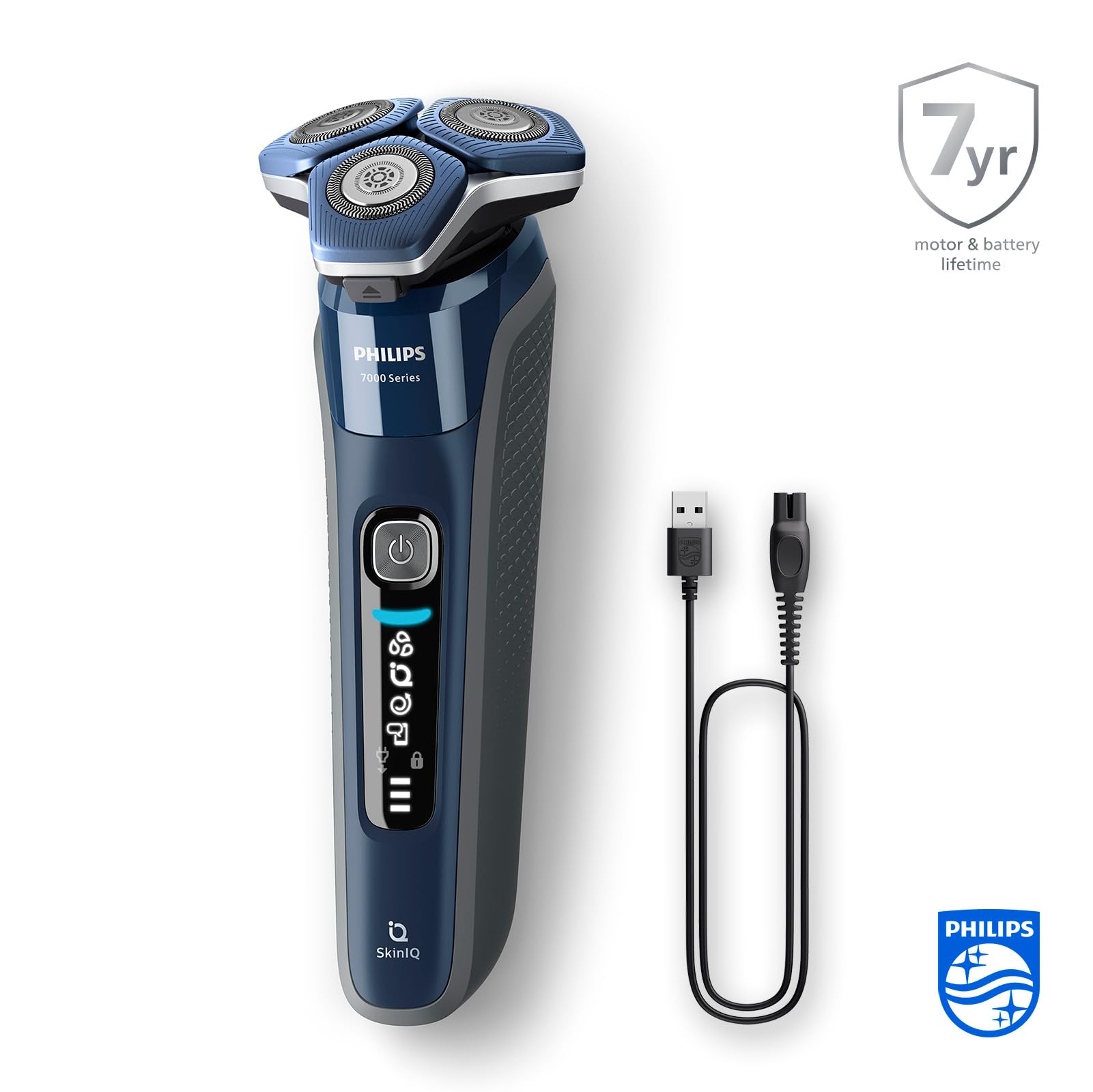 Philips Shaver Series 7000 - Wet & Dry Mens Electric Shaver with SkinIQ Technology, Pop-up Trimmer, Charging Stand, Travel Case, 1 x Quick Clean Pod and 4 x Quick Clean Cartridges (Model S7885/63)