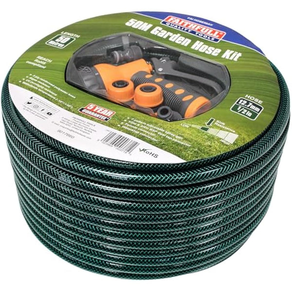 Faithfull 50M (164ft) Reinforced Hose Kit – PVC Garden Hose Pipe with 3 Fittings & Multipattern Spray Gun