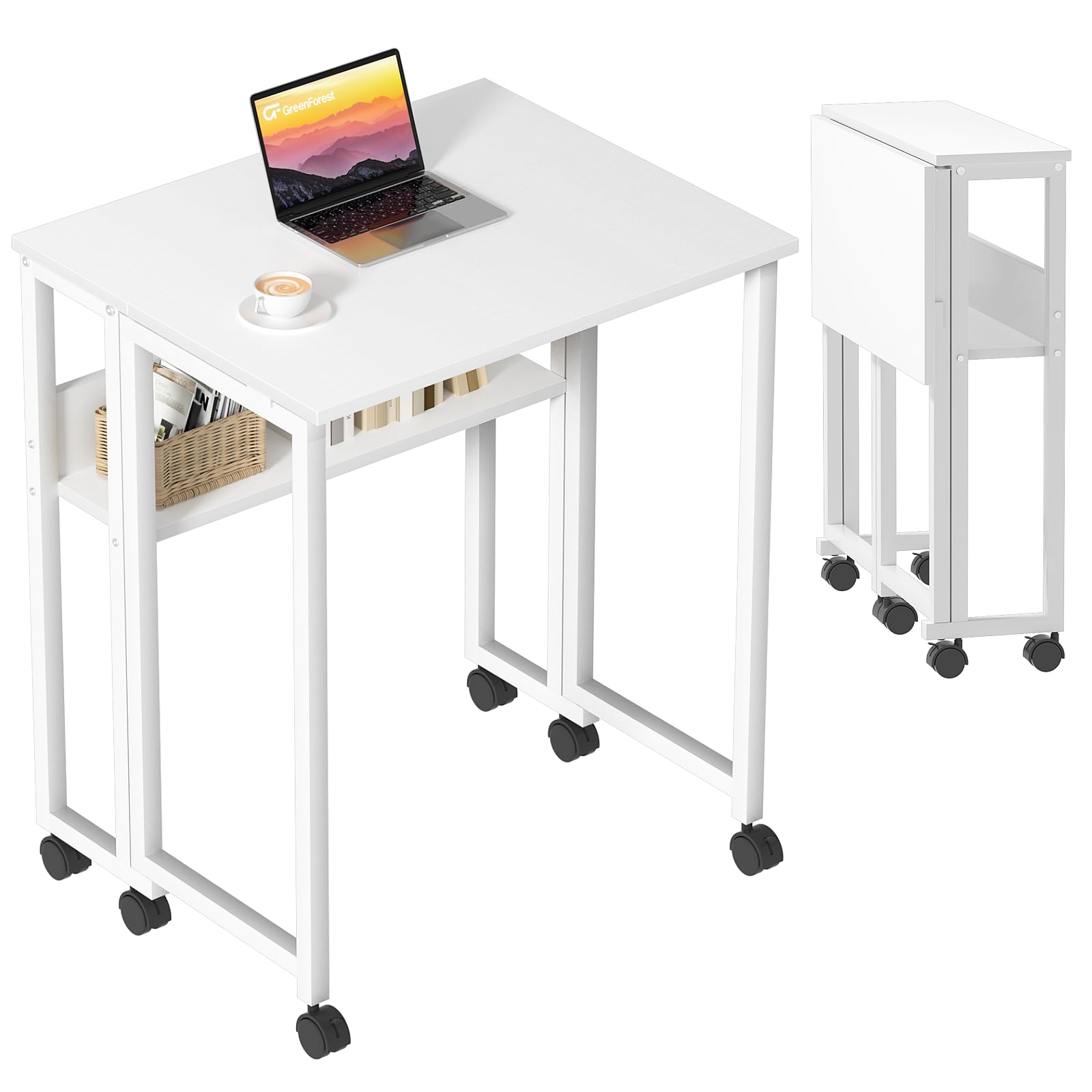 GreenForest Small Folding Desk with Storage Shelf,63 cm Computer Rolling Desk on Wheels Easy Assembly,Foldable desk for Small Space,White