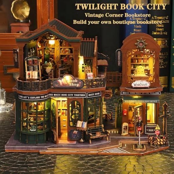 Spilay Diy Miniature House Kit with Wooden Furniture, with Music Box Dust Proof Cover and LED, 1:24 Scale Creative for Women Girl Friend Lover (Twilight Book City)