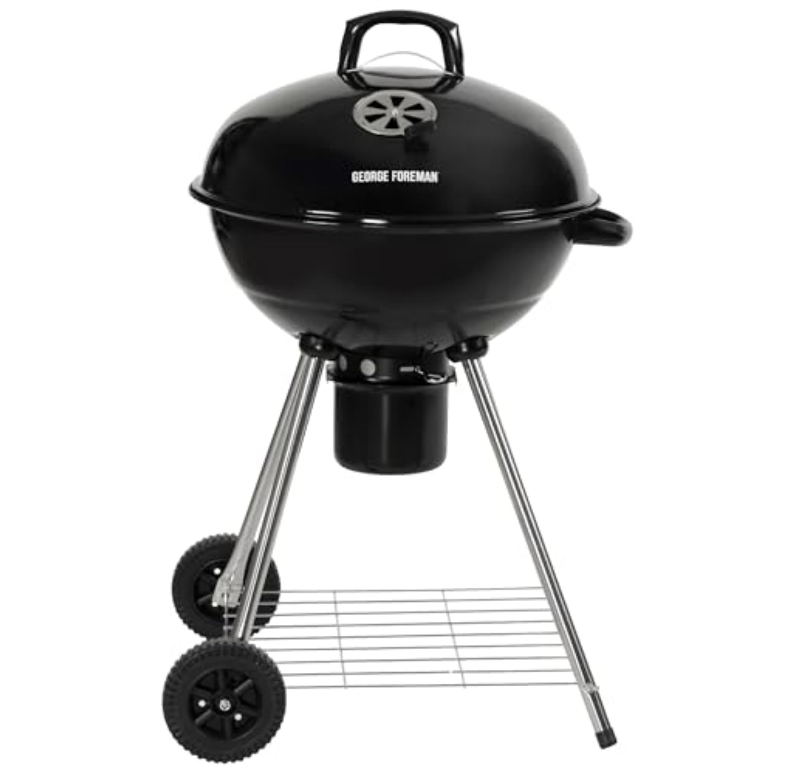 George Foreman Portable Charcoal BBQ Round Kettle 47.5 cm, Adjustable Vent, Integrated Thermometer, Charcoal Barbecue, Stand & 2 Wheels with Chrome Grill, GFKTBBQ, 60x51x90