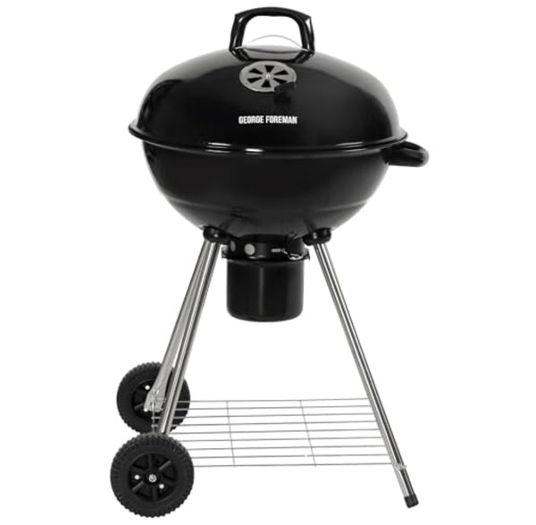 George Foreman Portable Charcoal BBQ Round Kettle 47.5 cm, Adjustable Vent, Integrated Thermometer, Charcoal Barbecue, Stand & 2 Wheels with Chrome Grill, GFKTBBQ, 60x51x90