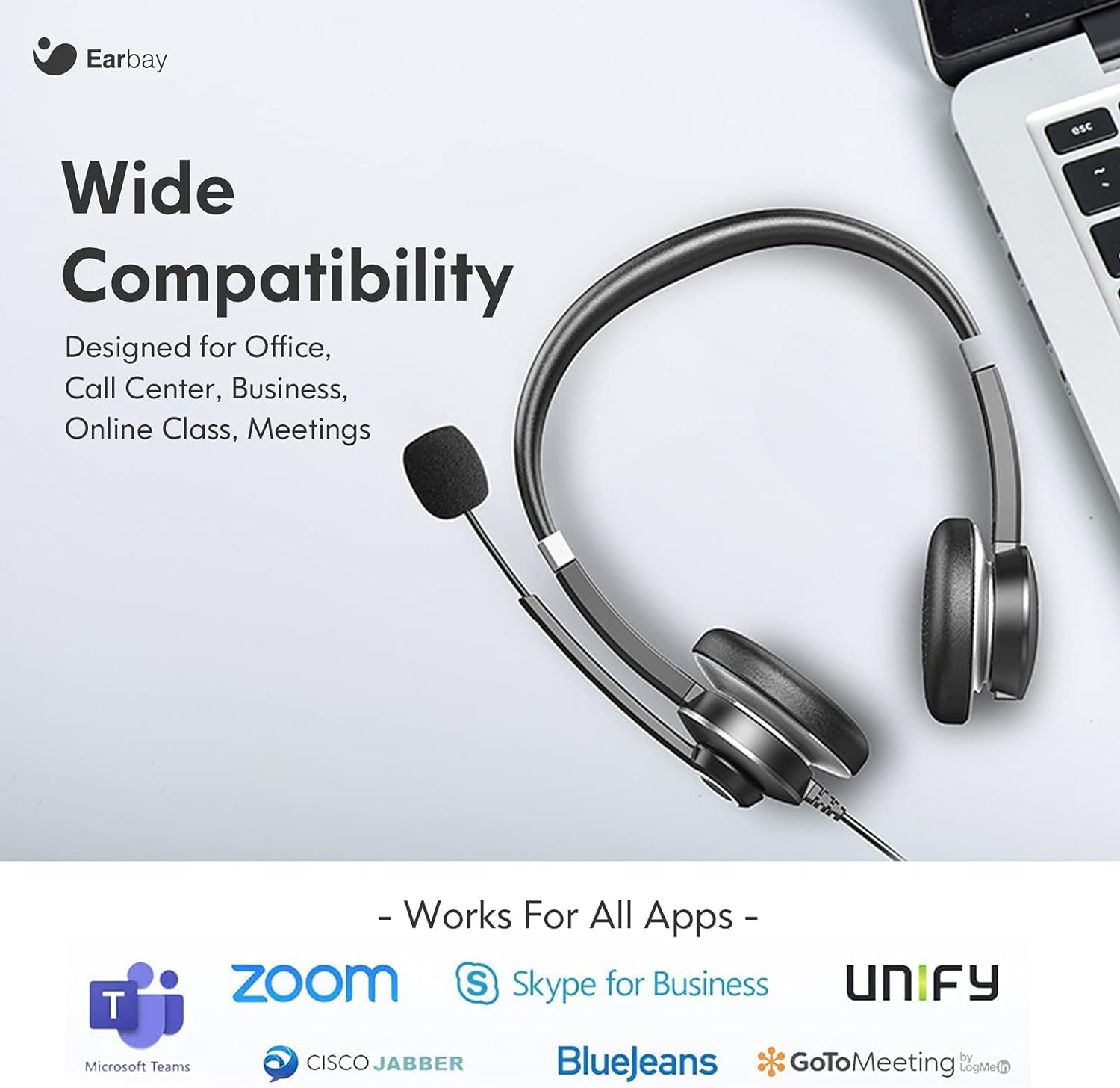Earbay USB Headset With Microphone For Laptop, PC Headphones With Mic Noise Cancelling, Computer Headsets With In-Line Volume Control & Mute, Compatible with Ms teams, Zoom, Webex, Office, Home