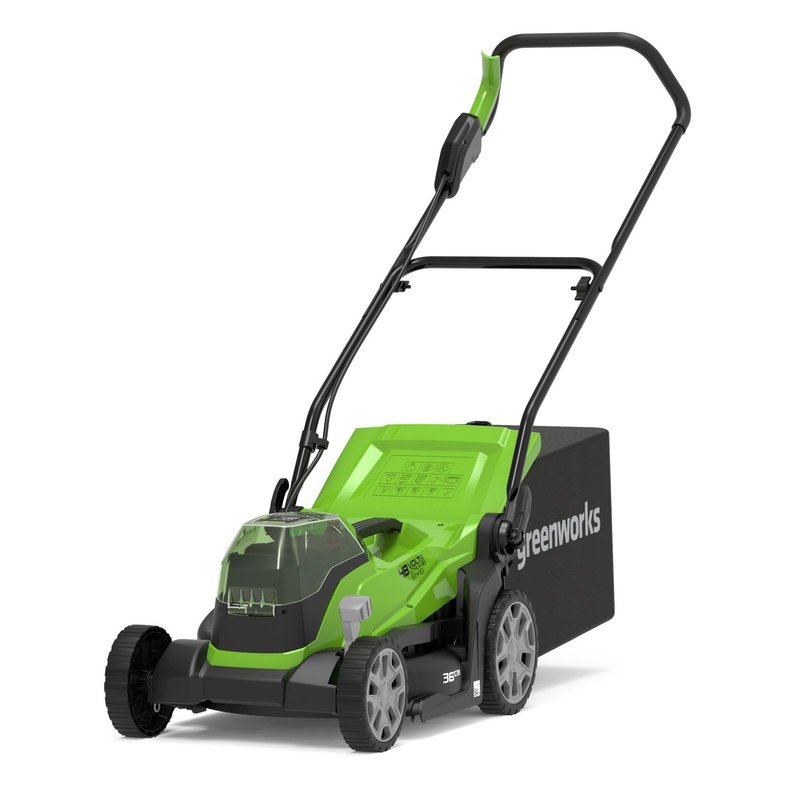 Greenworks G24X2LM36K4X Cordless Lawnmower for Lawns up to 420m², 36cm Cutting Width, 40L Bag PLUS Two of 2x24V(48V equivalent) 4Ah Batteries & Twin Charger, 3 Year Guarantee