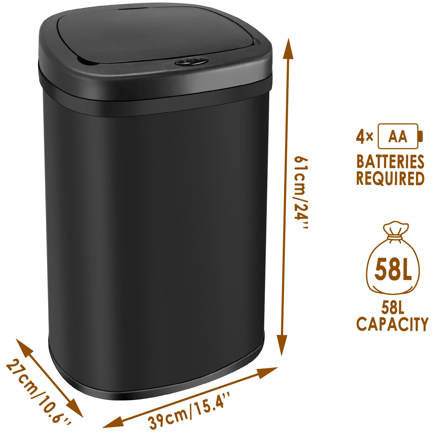 display4top Stainless Steel Automatic Touchless Kitchen Bathroom Sensor Bin,Trash Can,Touch Bin (58LRound)