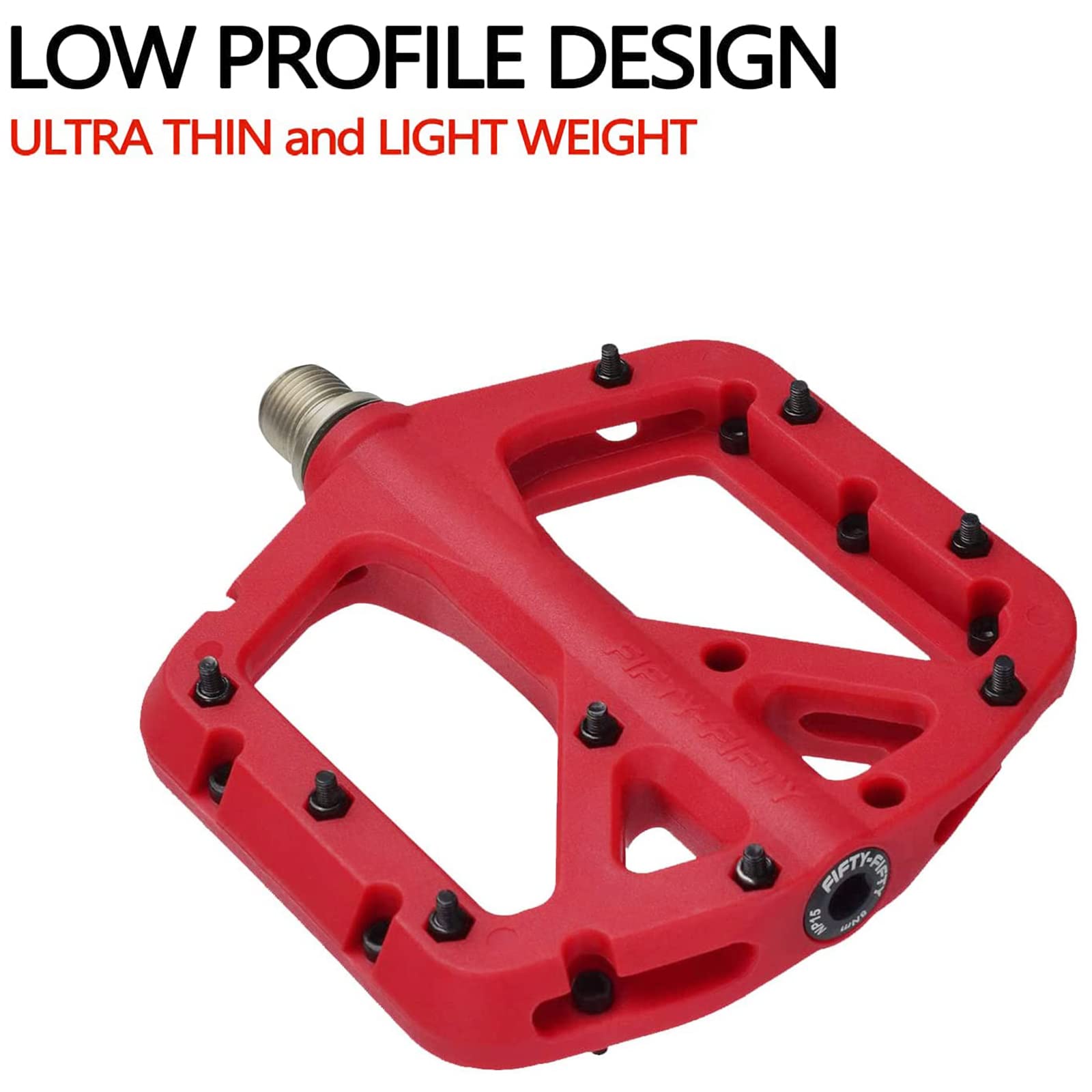 FIFTY-FIFTY Mountain Bike Pedals, Non-Slip MTB Nylon Composite, 9/16" Bicycle Pedals, Lightweight and Wide Flat Platform (Red)