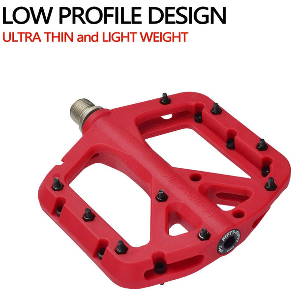 FIFTY-FIFTY Mountain Bike Pedals, Non-Slip MTB Nylon Composite, 9/16" Bicycle Pedals, Lightweight and Wide Flat Platform (Red)