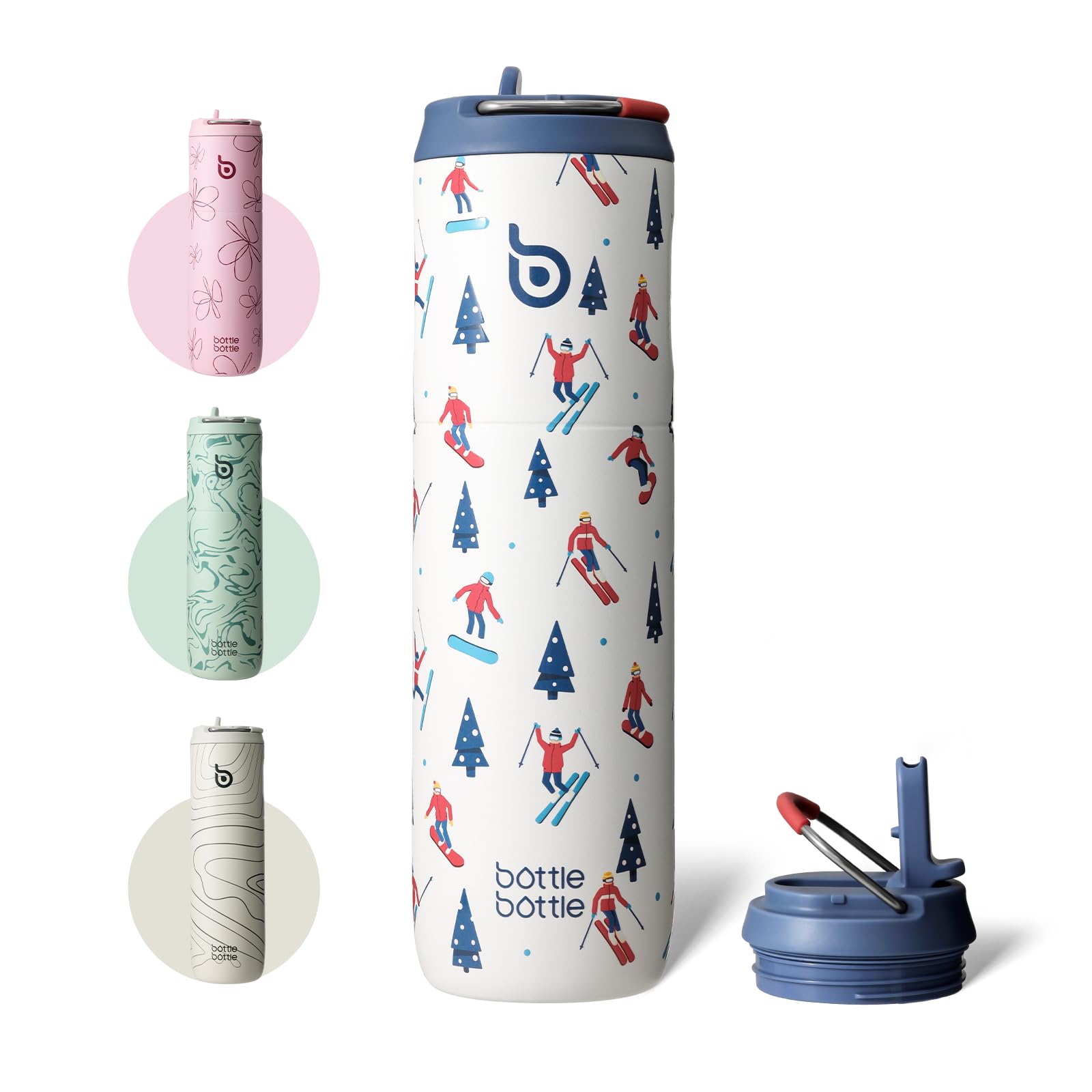 Insulated Water Bottle 700ml(24oz) with Straw, Lid, and Handle - Stainless Steel Sports Travel Gym Bottle for Men and Women (Skiing)