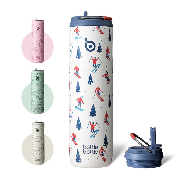 Insulated Water Bottle 700ml(24oz) with Straw, Lid, and Handle - Stainless Steel Sports Travel Gym Bottle for Men and Women (Skiing)