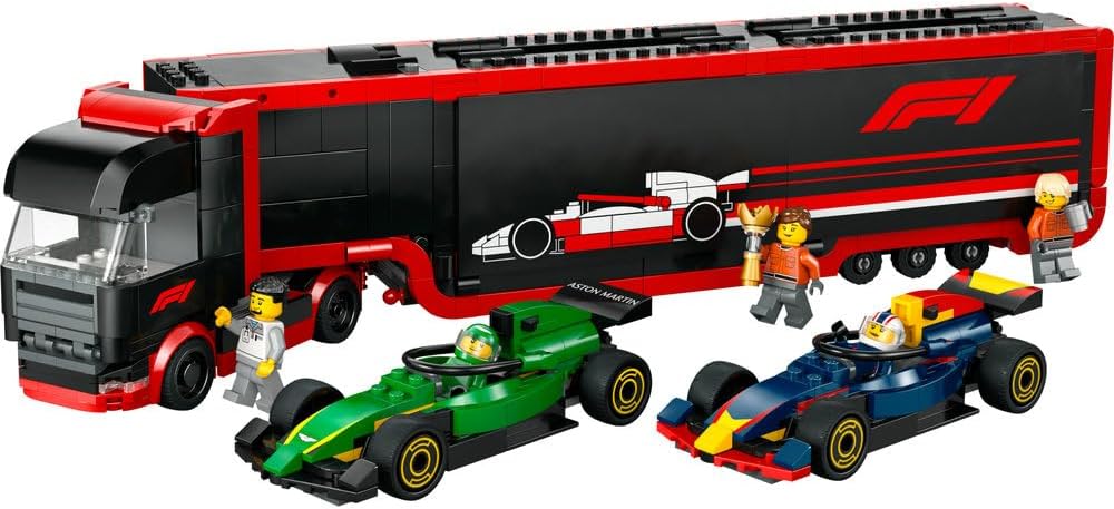 LEGO City F1 Truck with RB20 & AMR24 F1 Cars - Car Transporter Toy for RB & Aston Martin Formula 1 Teams - Incl. 2 Drivers & Race Simulator - Gifts for 8+ Year Old Boys & Girls - 60445