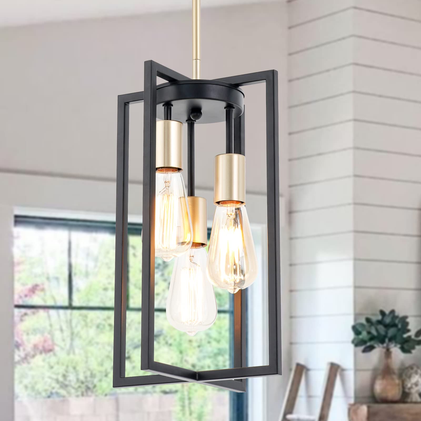 Industrial Farmhouse Pendant Lights,Rectangle 3-Light Modern Black and Golden Chandelier,Geometric Metal Cage Adjustable Rods Pendant Lighting Fixture