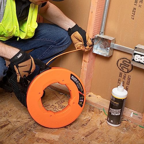 KLEIN TOOLS 56382 Fish Tape, Multi-Groove Fiberglass Wire Puller with Nylon Tip, Optimized Housing and Handle,Orange/Black, 15 m