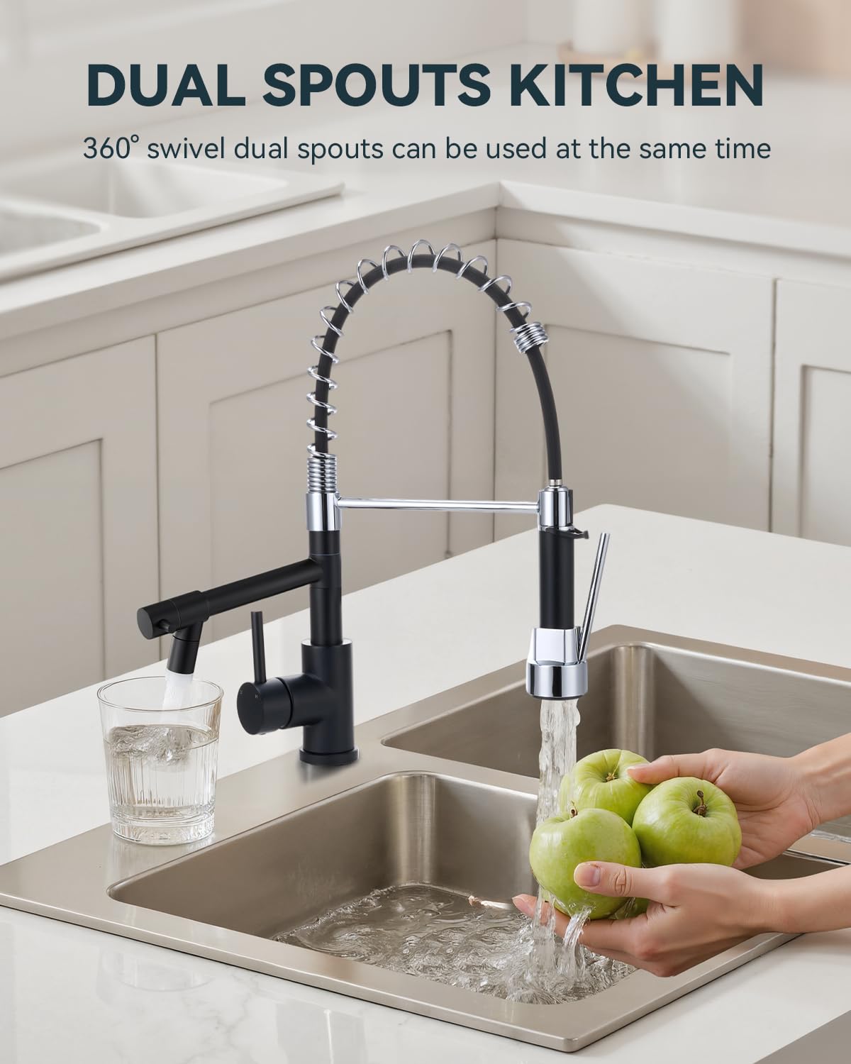 Warmiehomy 5 Modes Kitchen Taps Mixer with Pull Out Spray,High Arc 360° Swivel Dual Spout Pull Down Stainless Steel Kitchen Sink Taps,Brushed Nickel