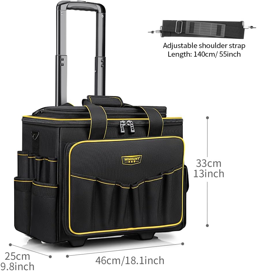 WINNHUNT 46cm Wide Mouth Rolling Tool Bag, 32 Pocket Tool Trolley Bag with Telescopic Handle and 2 Wheels, Black