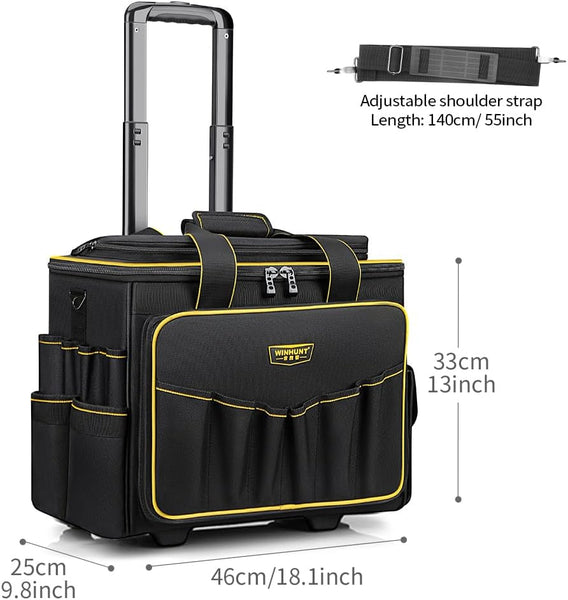 WINNHUNT 46cm Wide Mouth Rolling Tool Bag, 32 Pocket Tool Trolley Bag with Telescopic Handle and 2 Wheels, Black
