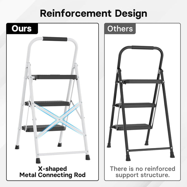 BONTEC 2 Step Ladder, Capacity 150KG with Wide Anti-Slip Pedals, Folding Steel Step Stool, Sponge Handlebar, Lightweight Portable Ladder Suitable for Home, Kitchen, Pantry, Indoor/Outdoor Use, Black