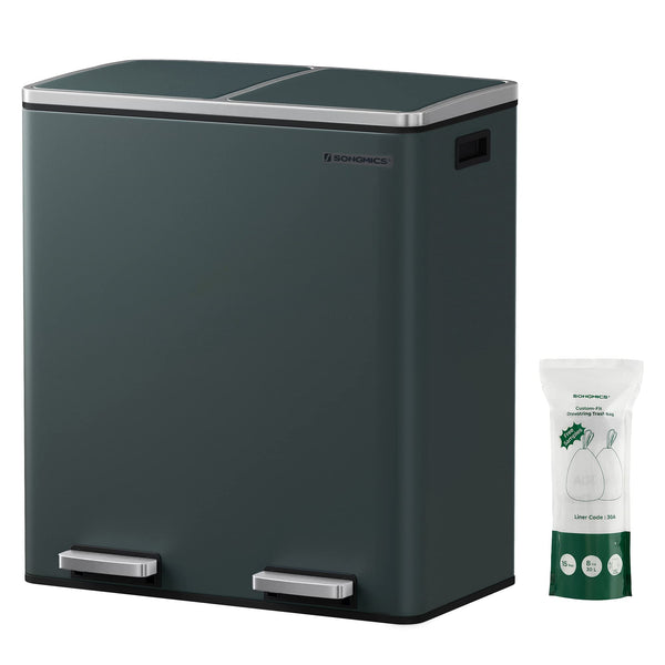 SONGMICS Dual Rubbish Bin, 2 x 30 L Recycling Bin with 15 Rubbish Bags, 2-Compartment Metal Pedal Bin with Lids and Plastic Inner Buckets, Soft Closure, Slate Grey LTB060G01