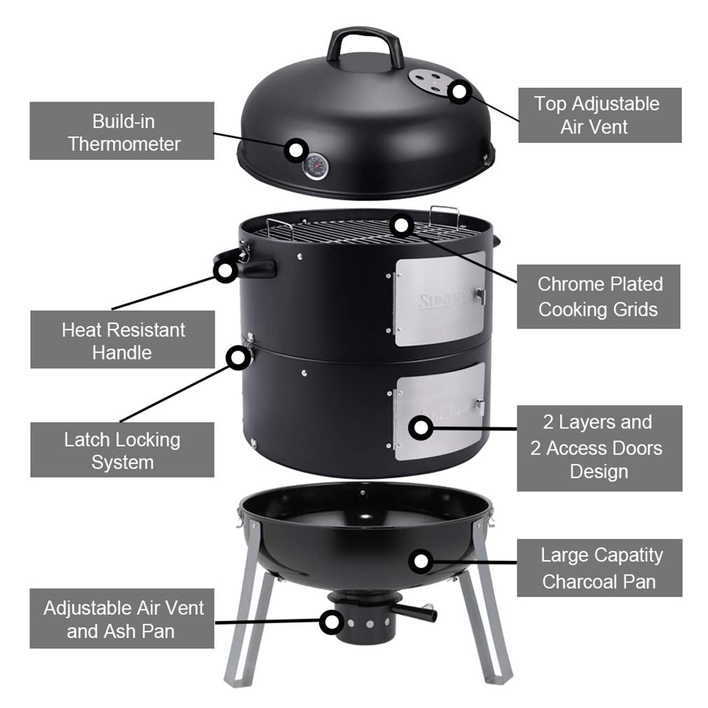 SUNLIFER Charcoal BBQ Grill, Heavy Duty 3-in-1 Barbecue Smoker Grill for Garden Camping Outdoor Cooking and Grilling 89x56x43CM