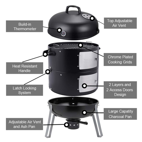 SUNLIFER Charcoal BBQ Grill, Heavy Duty 3-in-1 Barbecue Smoker Grill for Garden Camping Outdoor Cooking and Grilling 89x56x43CM